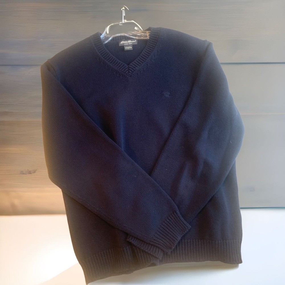 Eddie Bauer Mens L Crew Neck Long Sleeve Knit Sweater Navy 100% Cotton - Picture 1 of 9